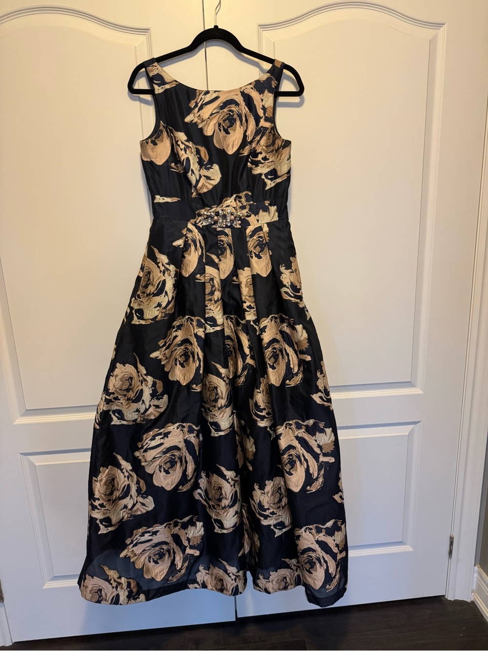 Blue and Gold Floral Sleeveless Fit and Flare Dress Jacquard gown